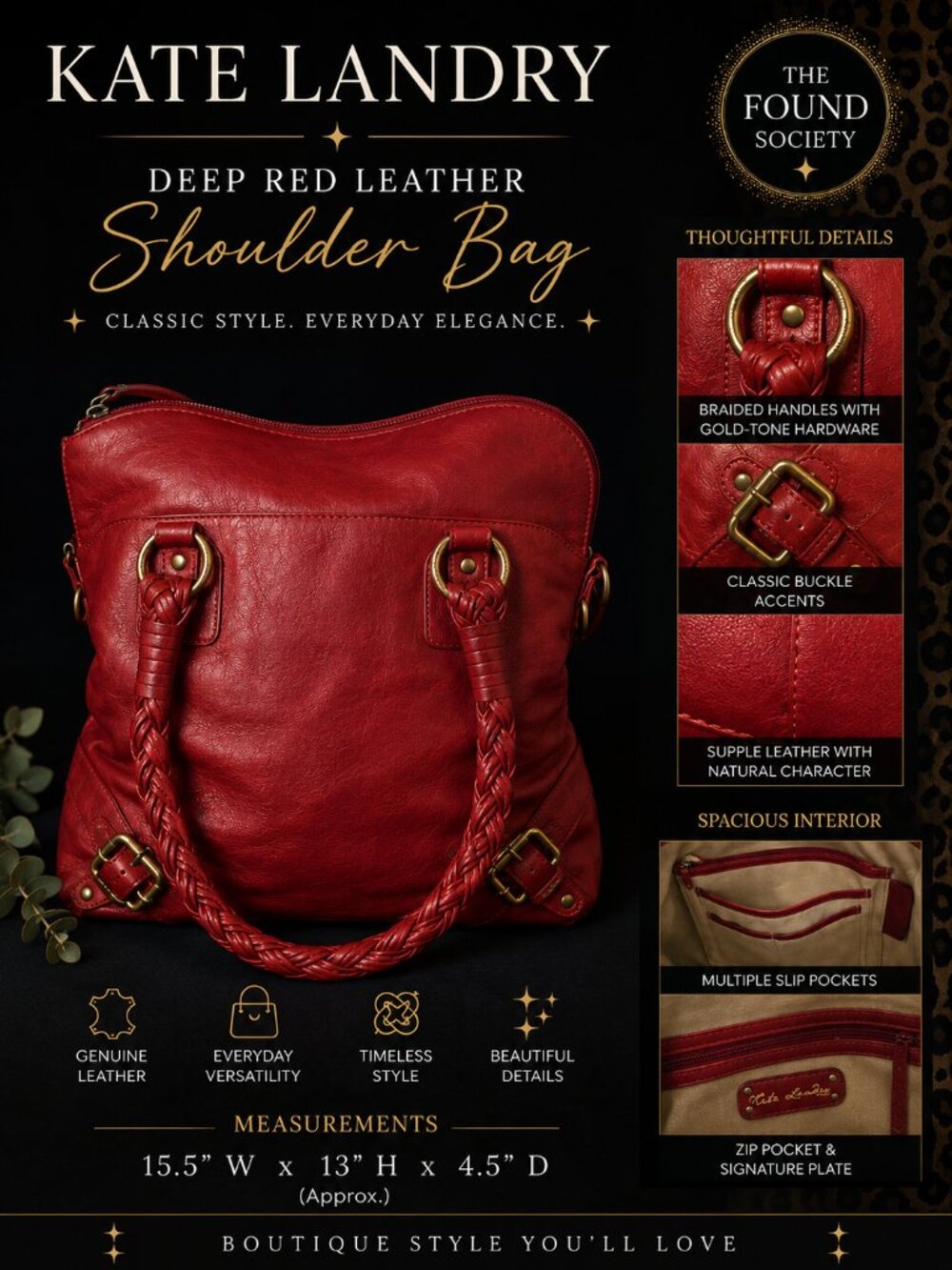 Kate Landry Deep Red Genuine Leather Braided Handle Shoulder Tote Bag  Listing D